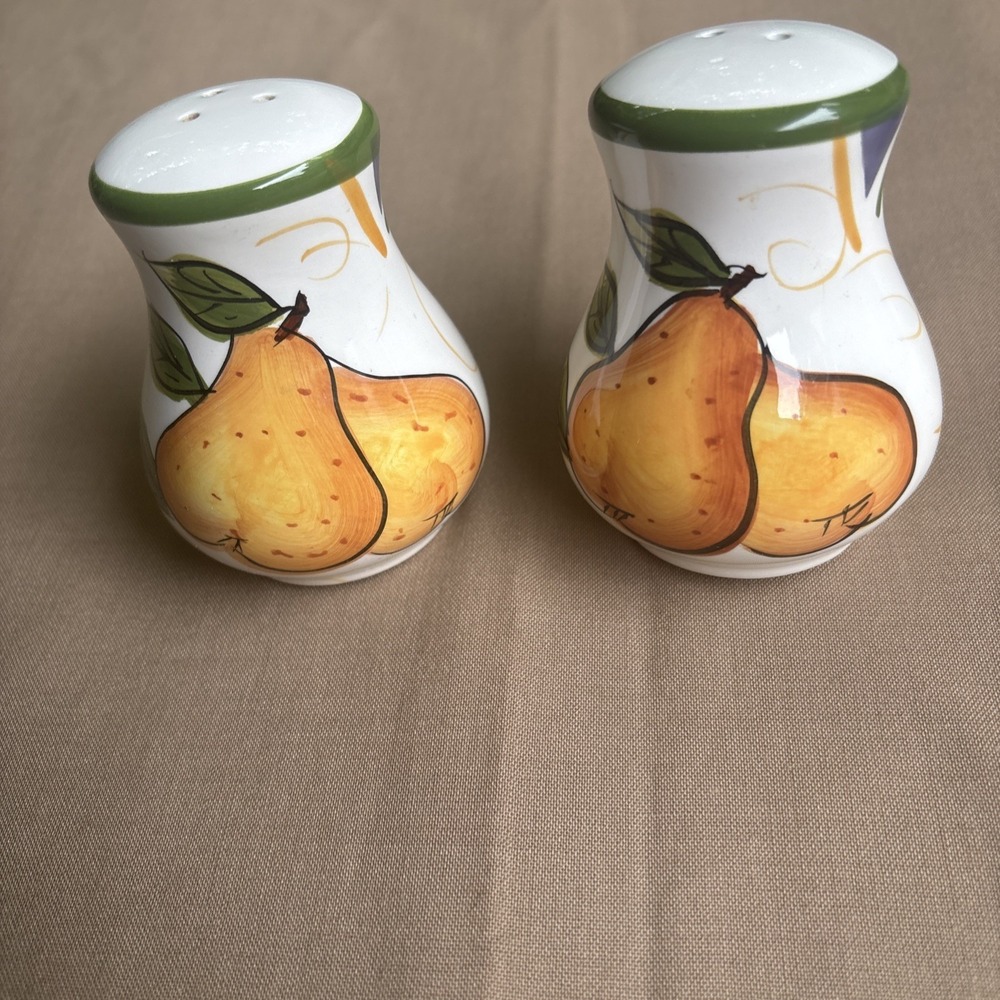 Vintage Set of Ceramic Orange Pear Fruit Salt and Pepper Shakers 3" Tall